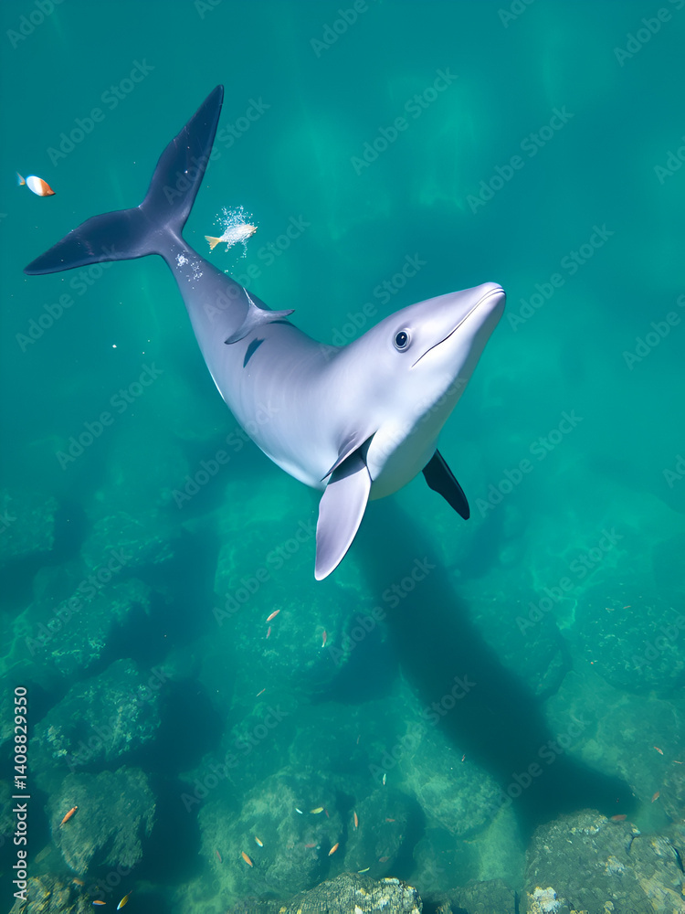 Obraz premium a critically endangered vaquita porpoise swimming near rocky shores in clear waters, capturing its sleek form and playful behavior amidst colorful marine life