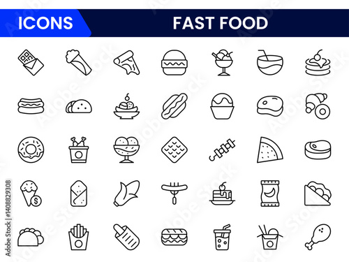 Vector illustration web line icon collection showcasing fast food elements burger, fries, soda, pizza, hotdog, sandwich, drive-thru, takeaway, snacks, quick meals, and delivery services.