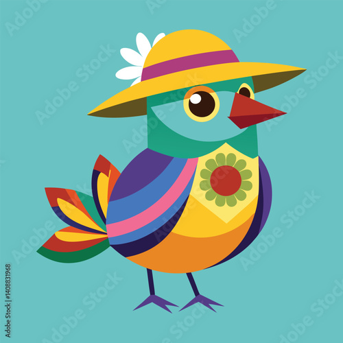 Colorful bird in summer hat folk art illustration