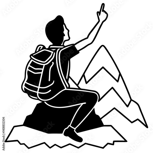 A silhouette of a backpacker sitting triumphantly at the peak of a mountain, gazing into the distance