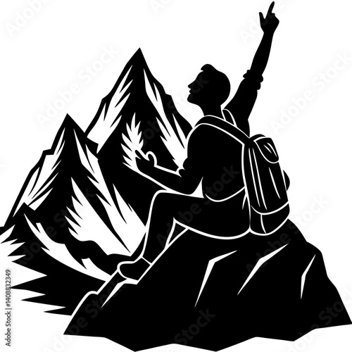A silhouette of a backpacker sitting triumphantly at the peak of a mountain, gazing into the distance