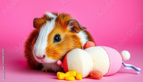 Adorable guinea pig nestled with child's toy on pink backdrop, fluffy, tender