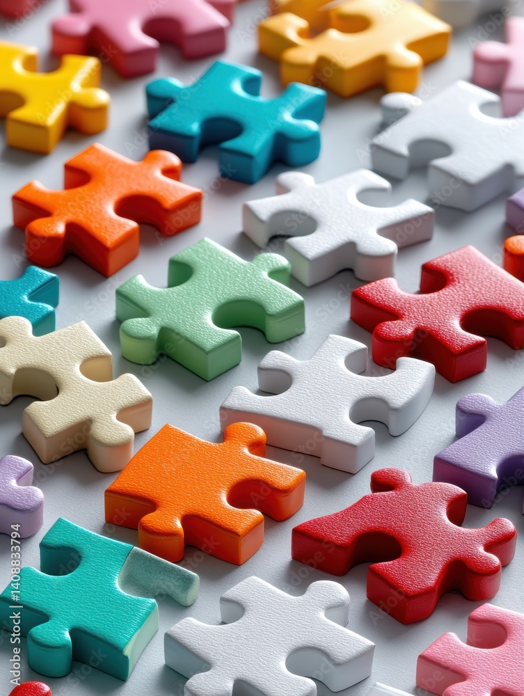 A partially completed jigsaw puzzle showcasing diverse puzzle piece shapes and colors, during a company gathering - bonding communication brainstorm challenge A partially completed jigsaw puzzle showcasing diverse puzzle piece shapes and colors, during a company gathering - bonding communication brainstorm challenge