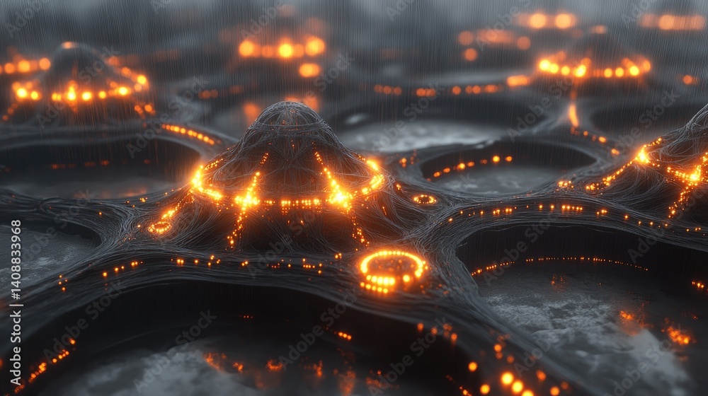 Artificial neural network structure with interconnected glowing nodes and lines