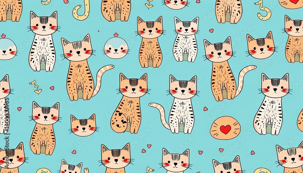 Adorable hand-drawn doodle cat pattern; seamless repeat for textile, wrapping paper, repeat, color Adorable hand-drawn doodle cat pattern; seamless repeat for textile, wrapping paper, repeat, color