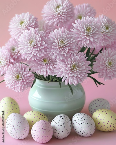 Pastel background soft focus blooming flowers with a scattered arrangement of Easter eggs and large space for quote in a fine art pastel illustration