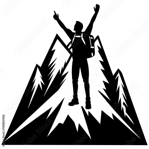 A silhouette of a backpacker standing triumphantly at the peak of a mountain, gazing into the distance