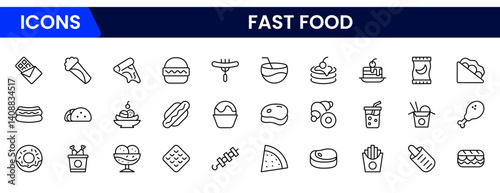 Vector illustration web line icon collection showcasing fast food elements burger, fries, soda, pizza, hotdog, sandwich, drive-thru, takeaway, snacks, quick meals, and delivery services.