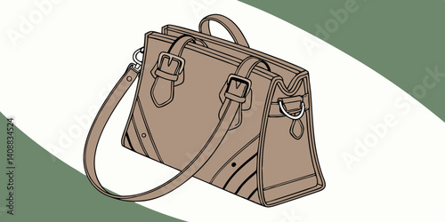  brown female handbag on a white-green background. Isolated vector illustration. Woman bag vector flat icon. Isolated leather hand bag emoji illustration. 
