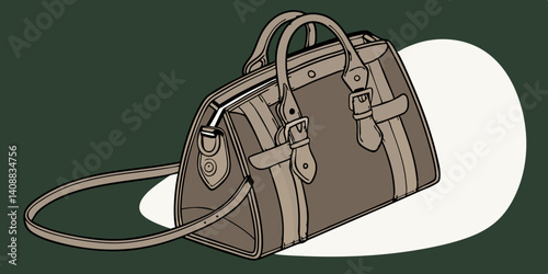  brown female handbag on a dark green background. Isolated vector illustration. Woman bag vector flat icon. Isolated leather hand bag emoji illustration. 
