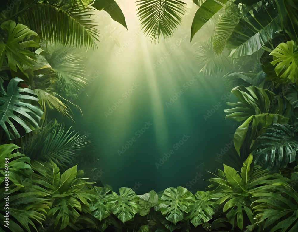 Obraz premium A Gorgeous jungle background with a border made of tropical leaves. green palm tree in the morning.