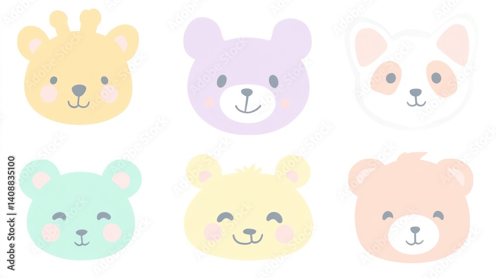 Pastel animal faces; cute cartoon heads; children's design; white background; kids' book illustration Pastel animal faces; cute cartoon heads; children's design; white background; kids' book illustration