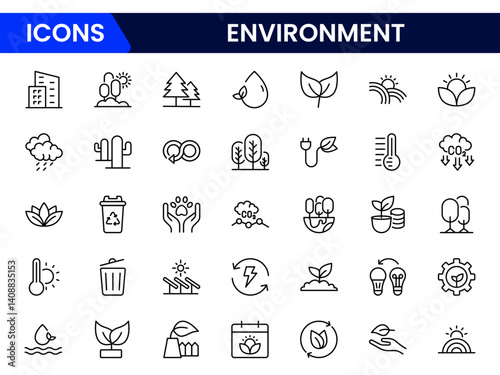 Vector illustration web line icon collection showcasing environmental themes sustainability, green energy, recycling, conservation, eco-living, nature protection, climate action, biodiversity, clean a