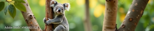 Adorable koala bear perched on eucalyptus tree, looking at camera, Branch, Koala, Fluffy