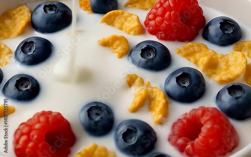 Milk Poured into Cereal Bowl with Fresh Berries and Cornflakes