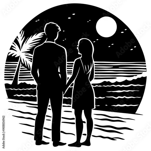 A silhouette of a couple standing on a beach, watching the sunset
