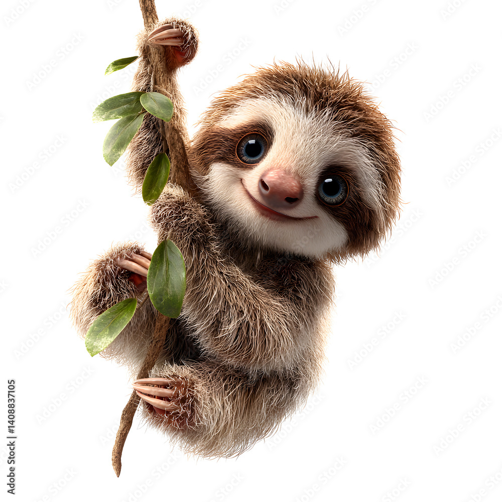 Fototapeta premium Adorable sloth hanging from a tree branch with a cute smile. Perfect for nature lovers.