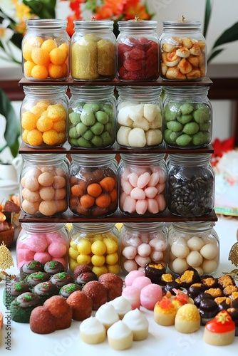 Assorted Colorful Sweets in Glass Jars, Delicious Candy