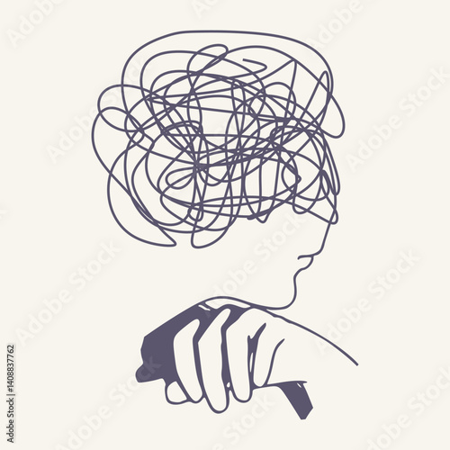 Psychotherapy, stress and psychosis. A human head with a tangled ball of nerves, scribbles symbolizing a depressed state of a person. Psychological help and mental health. Personality disorder