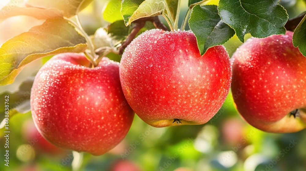 Obraz premium Ripe red apples hanging from branches in an orchard. Sunlight highlights the fruit, glistening with droplets