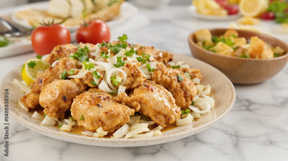 A plate of chicken with onions and tomatoes on top A plate of chicken with onions and tomatoes on top