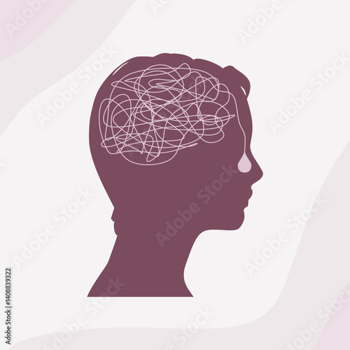 Psychotherapy, stress and psychosis. A human head with a tangled ball of nerves, scribbles symbolizing a depressed state of a person. Psychological help and mental health. Personality disorder