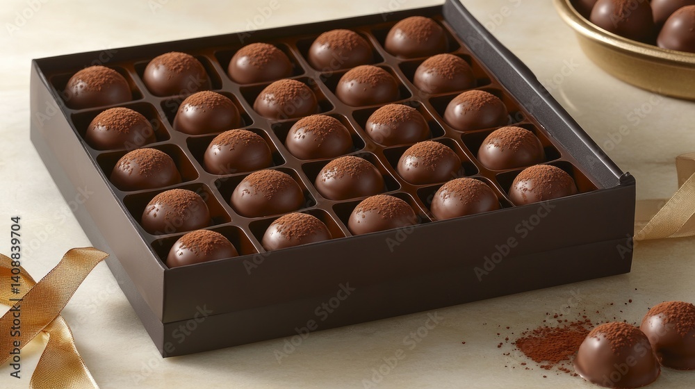 Gourmet chocolate truffles displayed in box with cocoa dusting and ribbon Gourmet chocolate truffles displayed in box with cocoa dusting and ribbon