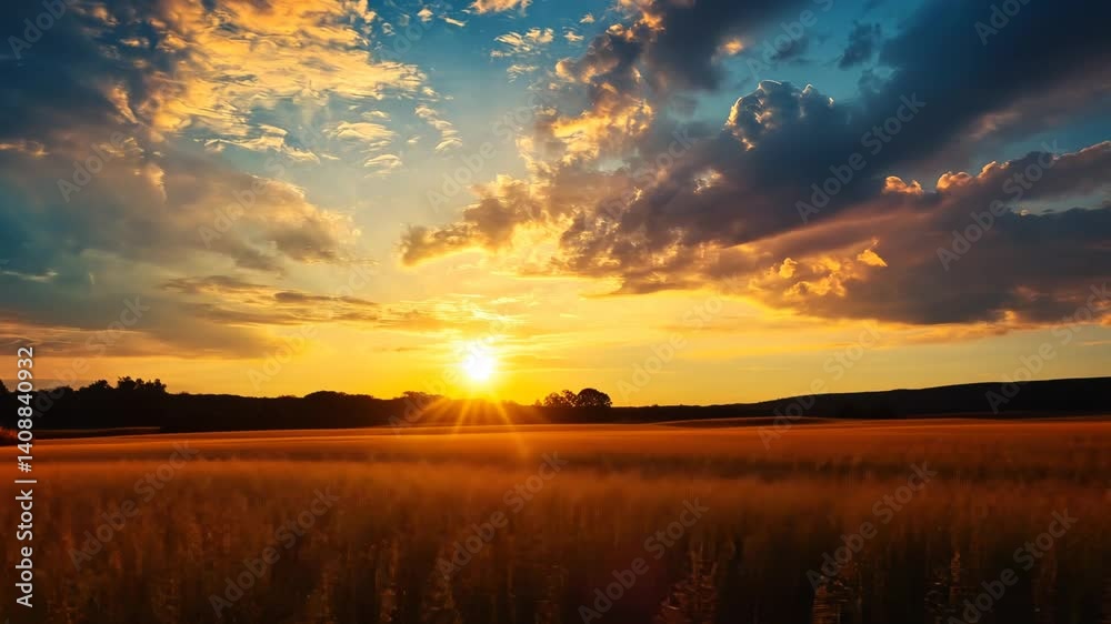 Sunset over golden field, dramatic sky Sunset over golden field, dramatic sky