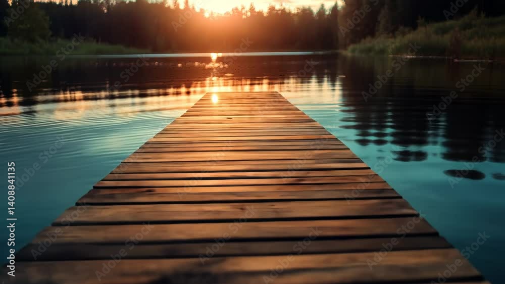 Sunset over lake, wooden dock path, tranquil scene