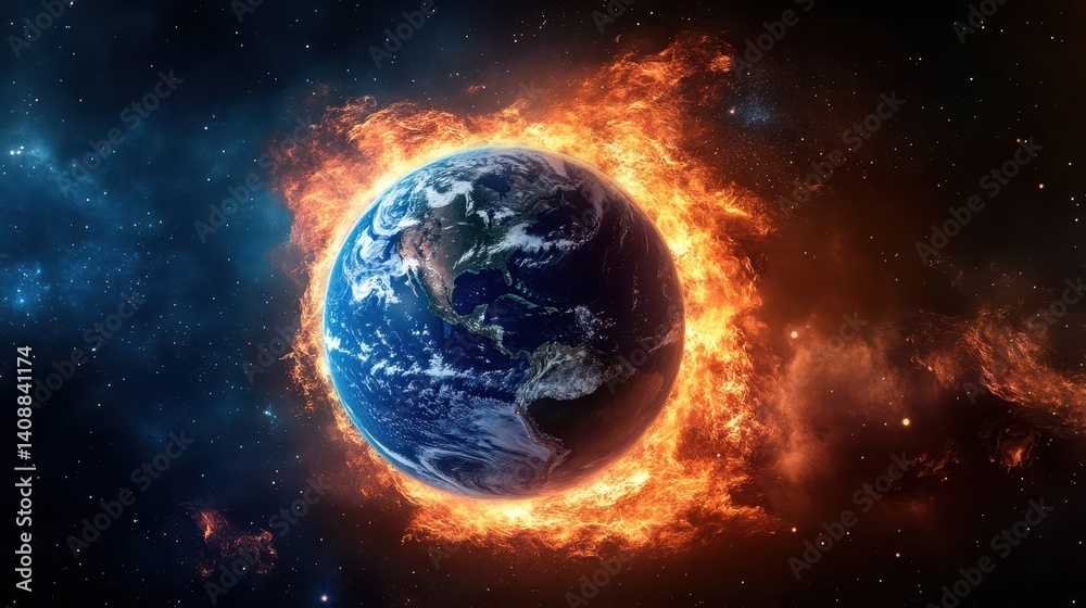 Obraz premium Earth Encircled By Fiery Flames Amidst The Vast Universe