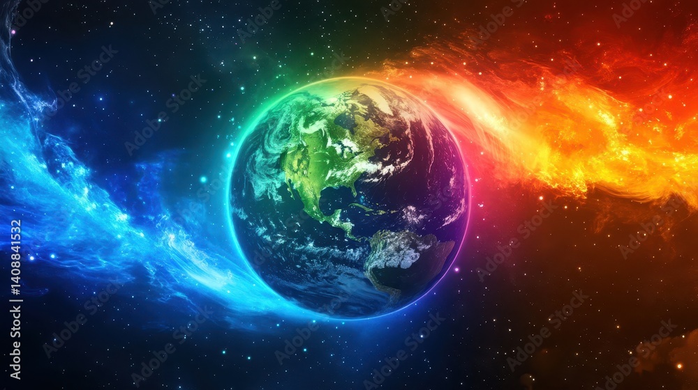 Fototapeta premium A colorful planet surrounded by celestial and starry space features