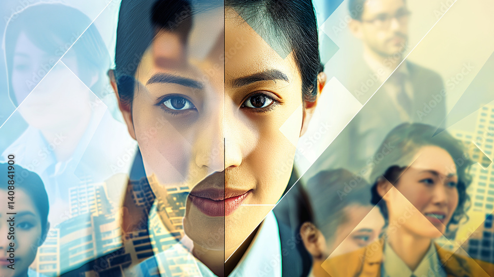 Asian businesswoman with abstract reflections of diverse corporate team.