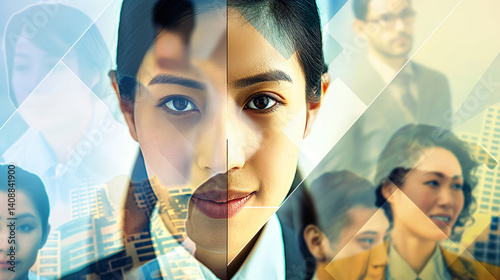 Obraz na płótnie Asian businesswoman with abstract reflections of diverse corporate team. w salonie