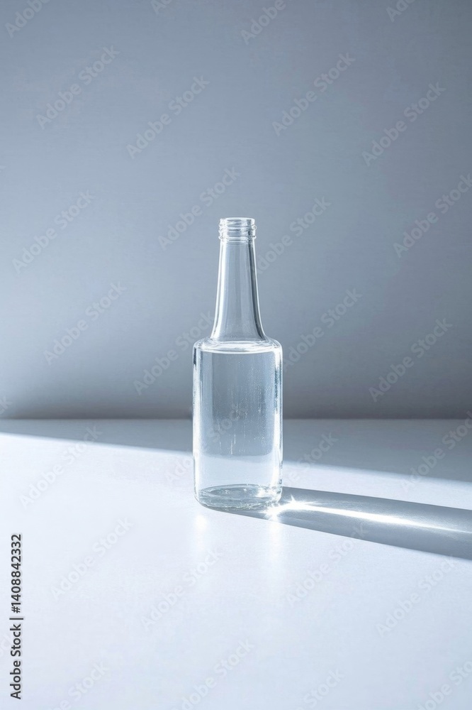 there is a clear bottle sitting on a table with a shadow there is a clear bottle sitting on a table with a shadow