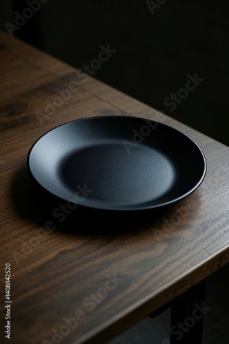 there is a black plate on a wooden table with a black background