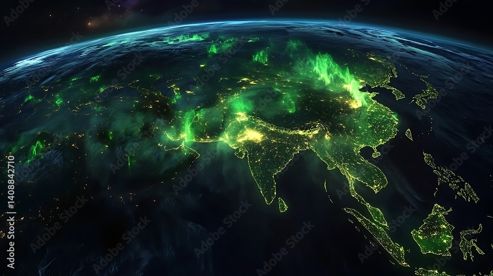 Fototapeta premium 3D cyber space world with neon colored global network and energy technology power visualizations