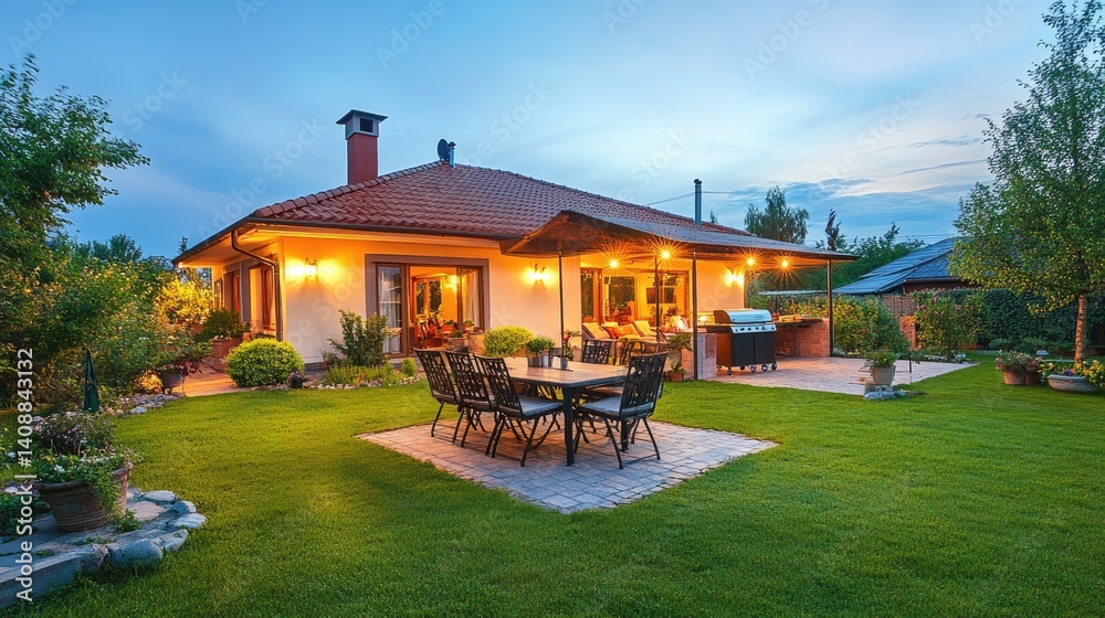 Outdoor patio with a family-sized dining set, hanging lights, and barbecue grill in a backyard setting