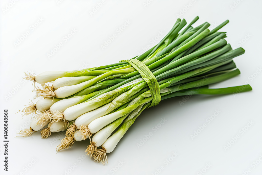 A neatly tied bundle of fresh scallions, isolated on a white background A neatly tied bundle of fresh scallions, isolated on a white background