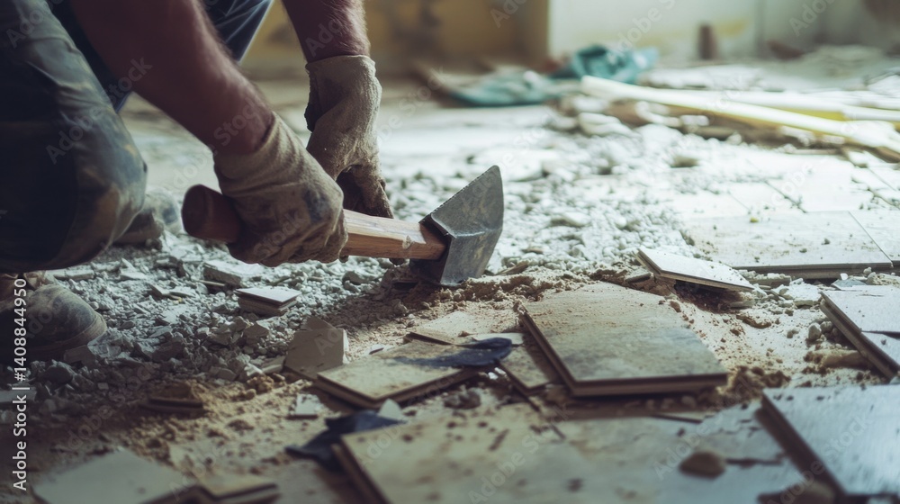 A construction worker removing old tiles from a floor for renovation. Featuring demolition and flooring work A construction worker removing old tiles from a floor for renovation. Featuring demolition and flooring work