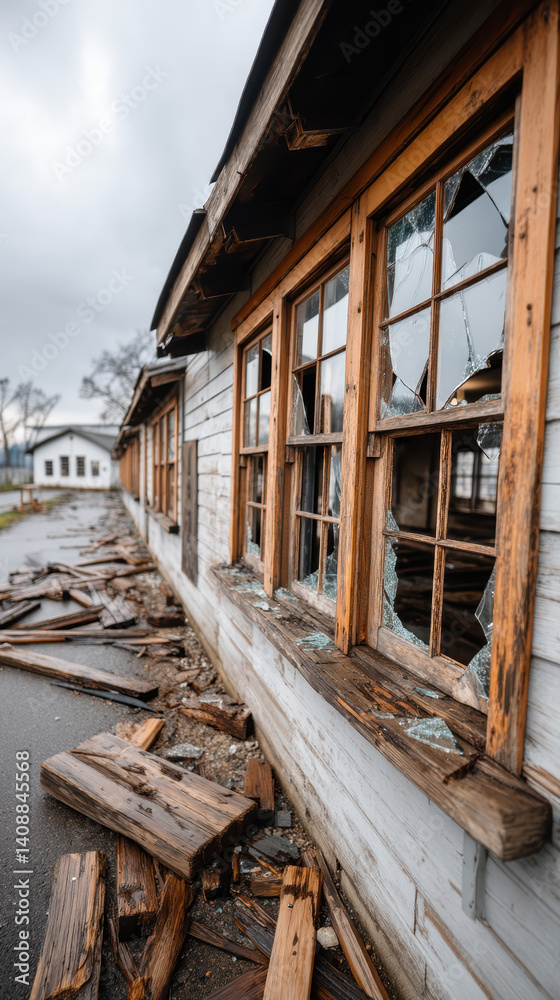 Broken windows and shattered glass from hurricane damage