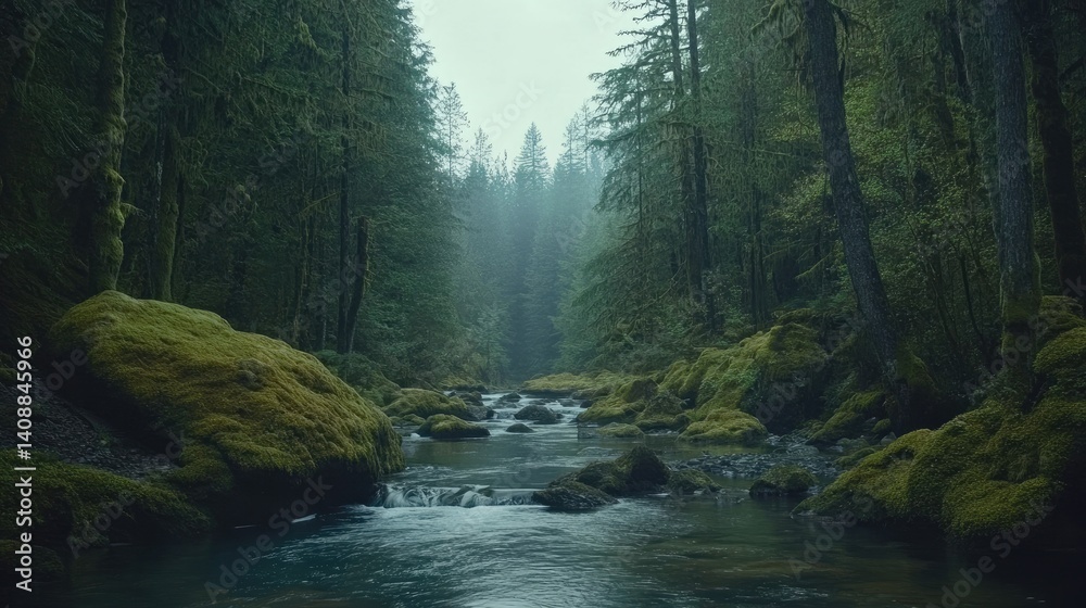 Obraz premium Tranquil forest stream flowing through moss-covered rocks surrounded by dense trees