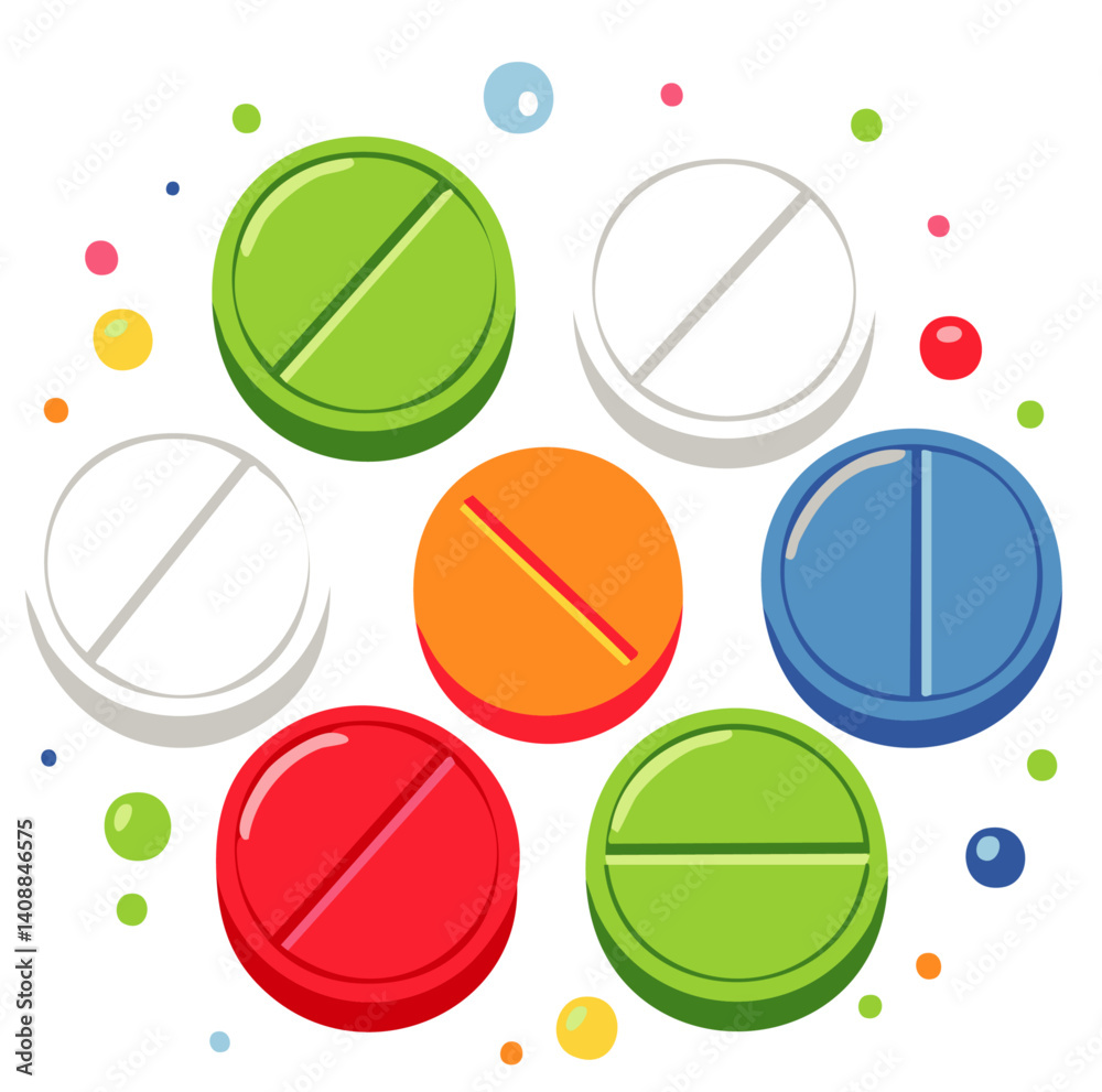 Fototapeta premium Colorful Assorted Tablets in Circular Pattern – Medical and Pharmaceutical Concept