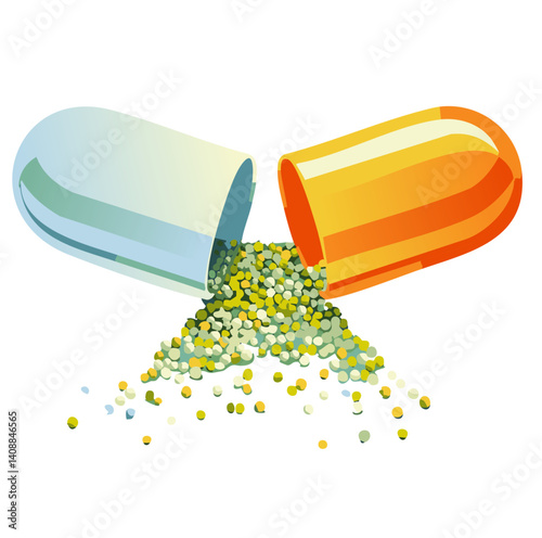 Open Red and Blue Capsule with Colorful Granules Spilling Out – Medical and Pharmaceutical Concept

