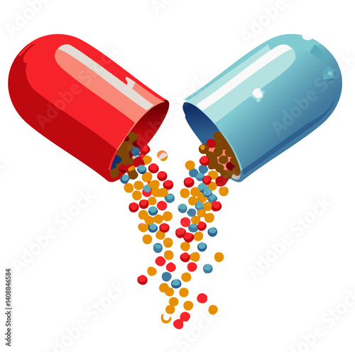 Open Red and Blue Capsule with Colorful Granules Spilling Out – Medical and Pharmaceutical Concept

