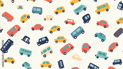Colorful vehicle pattern design featuring various cars and buses.