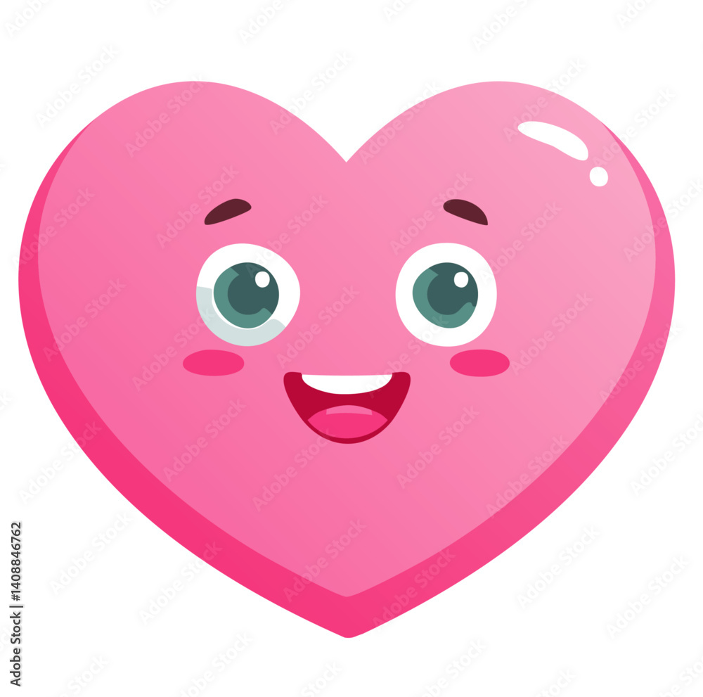 Fototapeta premium Cute Pink Heart Character with Happy Face and Big Eyes