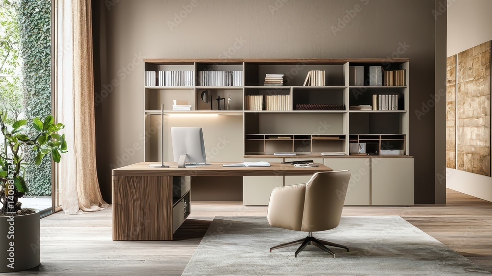 Modern, sophisticated office workspace with integrated storage. Modern, sophisticated office workspace with integrated storage.
