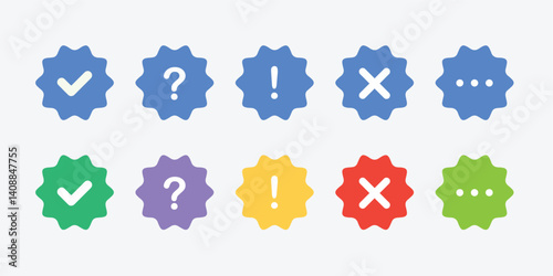 Icon set of check mark, information icon, chat, cross, question mark, exclamation point, FAQ sign. Tick, question, information and answers mark.