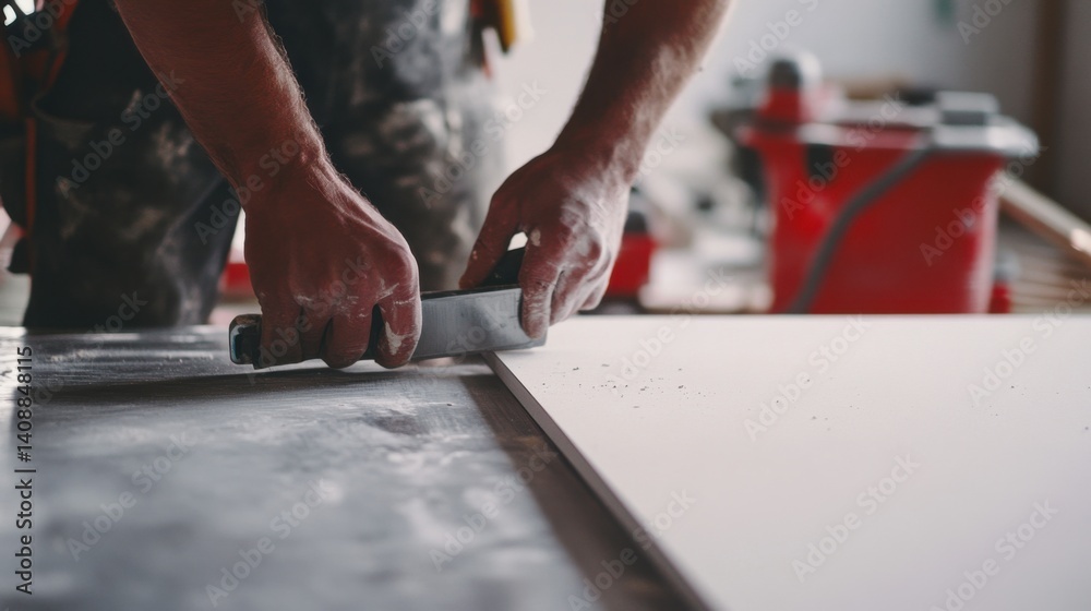 A construction worker measuring and cutting drywall for installation. Featuring precision and care A construction worker measuring and cutting drywall for installation. Featuring precision and care