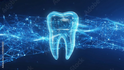 Futuristic digital tooth hologram with glowing blue network of connected lines and points, representing modern dental technology, innovation in oral medicine care, and high-tech healthcare solutions.
